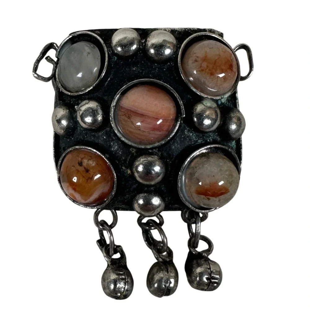 Vintage Silver Tone Agate Stone Poison necklace Amulet Pendant Tibetan Persian